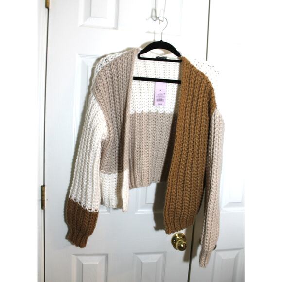 Wild Fable Brown Colorblock Chunky Knit Open Front Cardigan sz M NEW - Picture 2 of 4